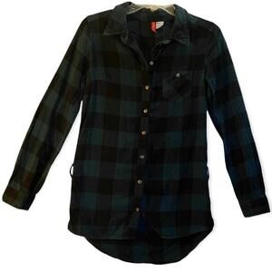 Divided H&M Womens Size 4 Shirt Buffalo Plaid Long Sleeve Green Black
